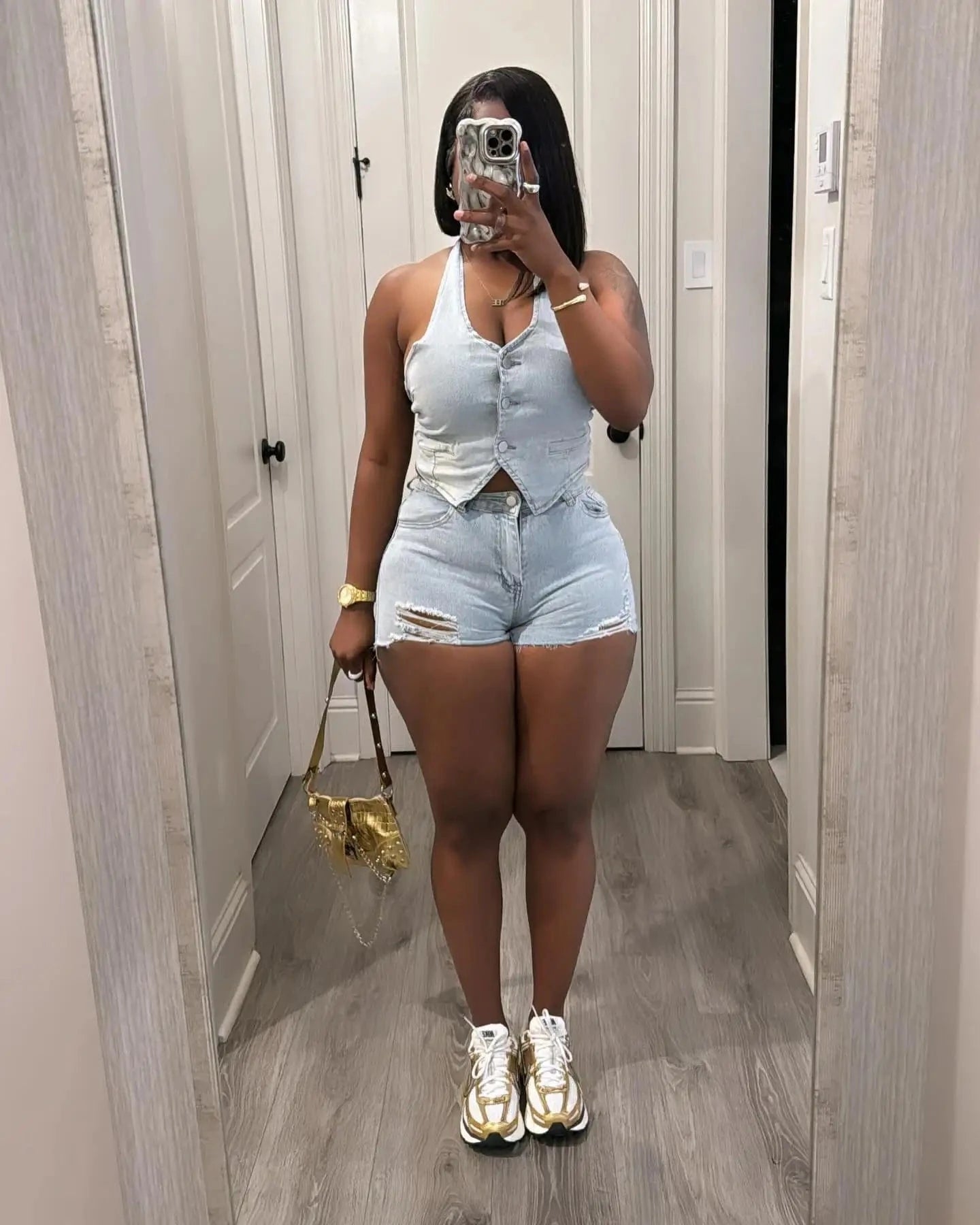 Bomblook C505ST04 Trends Outfits Denim Tank Top New Design Outfits Streetwear 2 Piece Distressed Short Set Women Summer