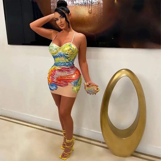 Bomblook C509DS01 Summer Bodycon New Design Ladies Tie Dye Print Women's Clothing Rhinestone Mini Party Patchwork Dress 2024