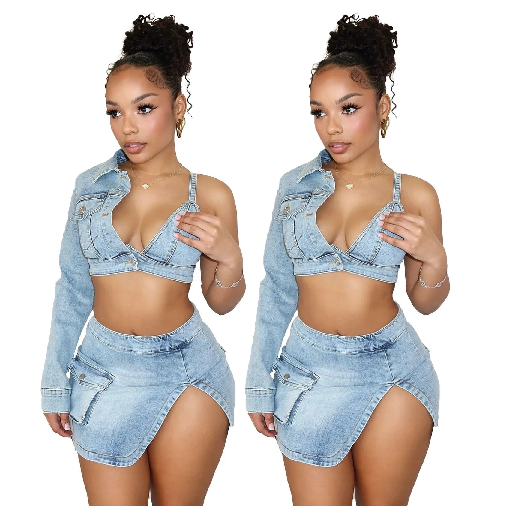 Bomblook C509ST01 Trends Design Tweed Set Fashion Denim One Shoulder Tank Top Women 2 Piece Set Women Mini Slit Sets For Women