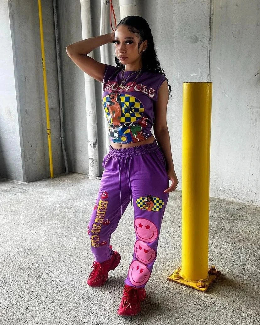 Bomblook C511ST01 Athletic Wear Women's sets Pattern Print Streetwear Printed Tank Top With Joggers Tweed Set Women Summer