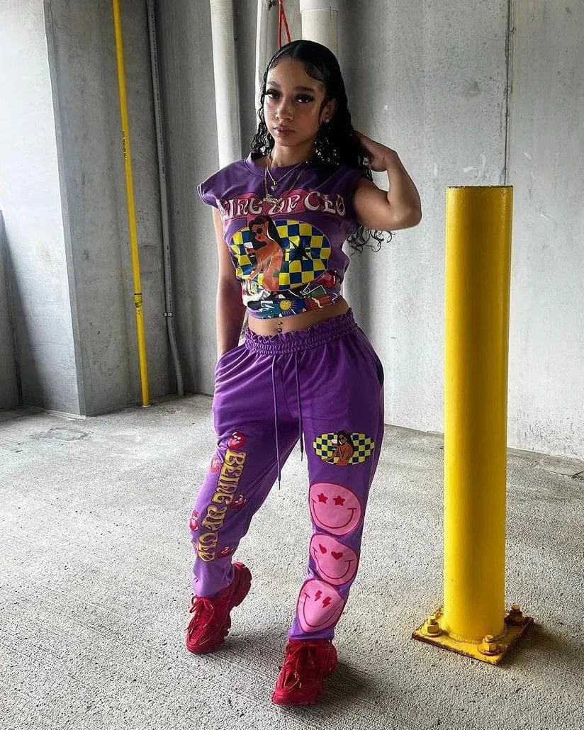 Bomblook C511ST01 Athletic Wear Women's sets Pattern Print Streetwear Printed Tank Top With Joggers Tweed Set Women Summer