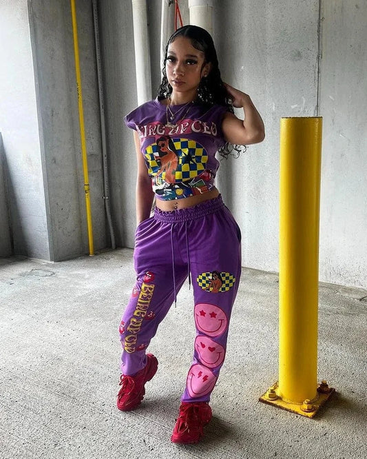 Bomblook C511ST01 Athletic Wear Women's sets Pattern Print Streetwear Printed Tank Top With Joggers Tweed Set Women Summer