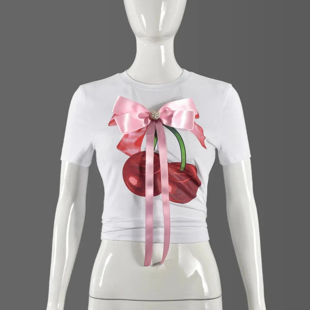 Bomblook C514TP01 2024 Summer Cute Cherry Print T Shirt Short Crop Top Women Tees Ladies Casual Ladies Fitted Bow Tees