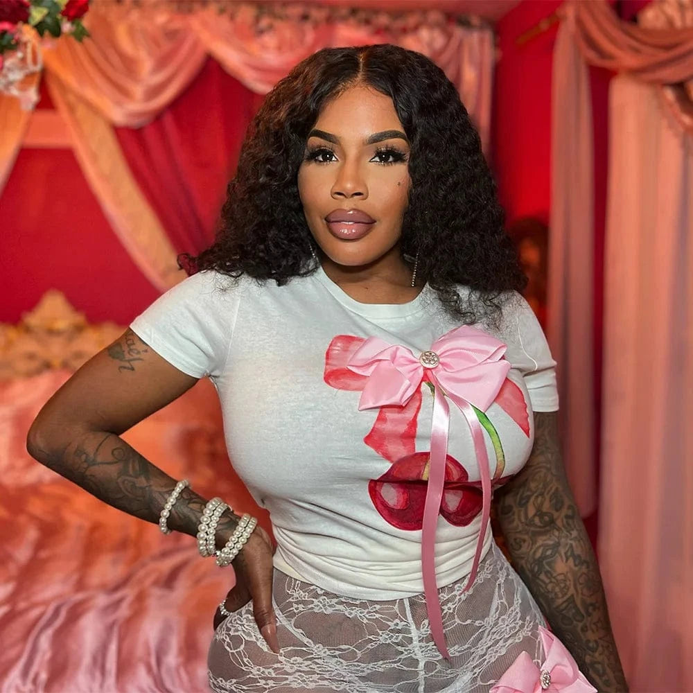 Bomblook C514TP01 2024 Summer Cute Cherry Print T Shirt Short Crop Top Women Tees Ladies Casual Ladies Fitted Bow Tees