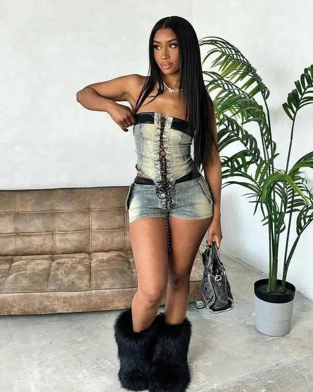 Bomblook C521ST03 Denim Women's Suit Sexy Lace Up Corset With Short 2 Piece Set Women Denim Summer Streetwear 2024