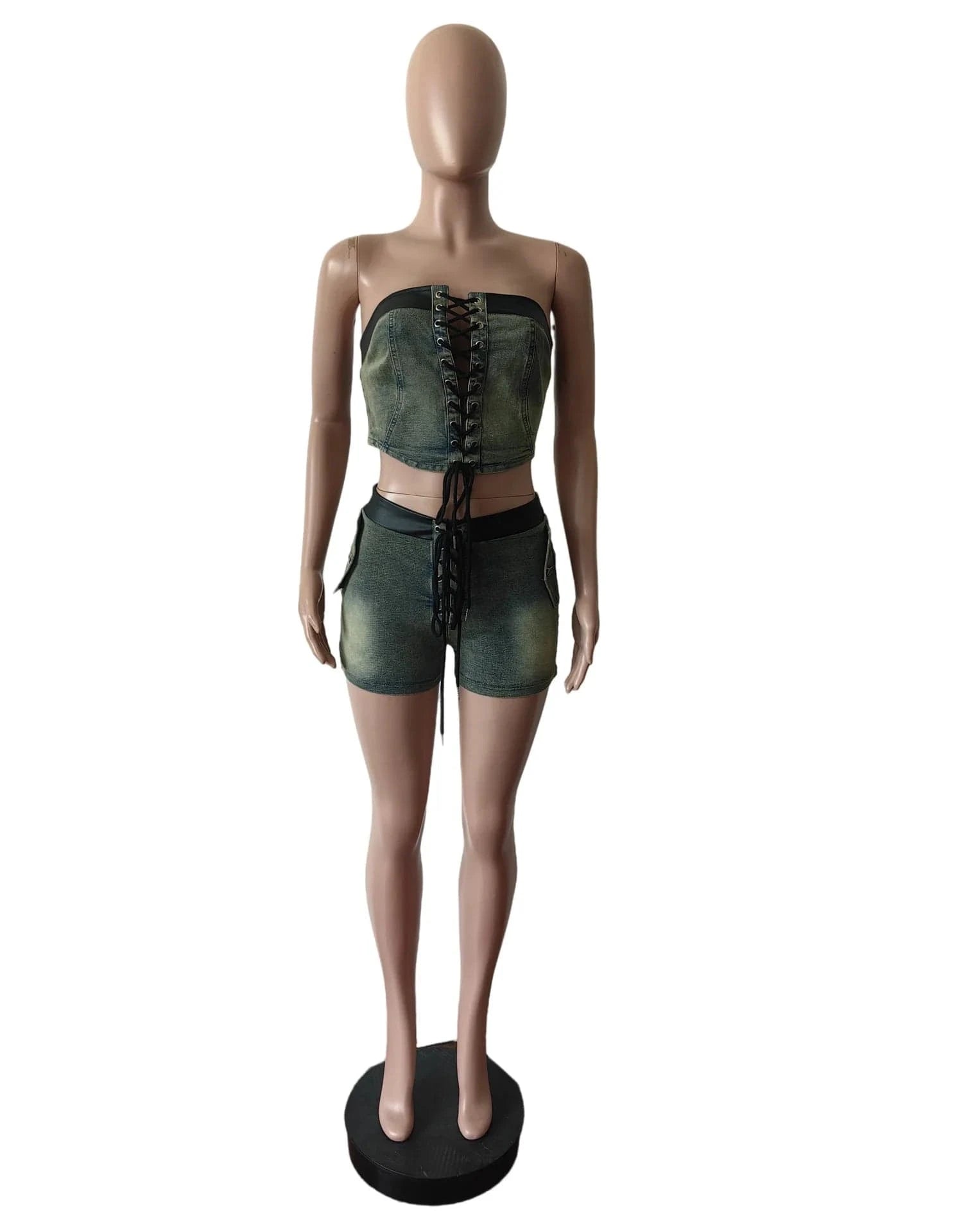 Bomblook C521ST03 Denim Women's Suit Sexy Lace Up Corset With Short 2 Piece Set Women Denim Summer Streetwear 2024