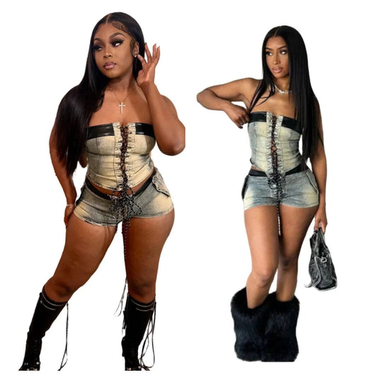 Bomblook C521ST03 Denim Women's Suit Sexy Lace Up Corset With Short 2 Piece Set Women Denim Summer Streetwear 2024
