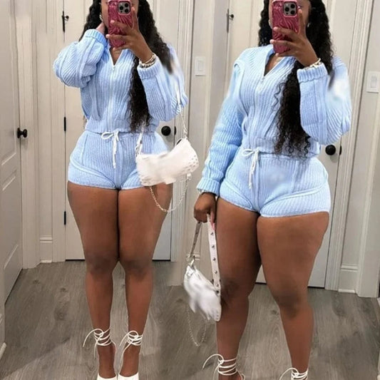 Bomblook C528ST Letter Print Real Knit Women's Sets Casual Zipper Top With Drawstring Shorts 2 Piece Set Women Summer Streetwear