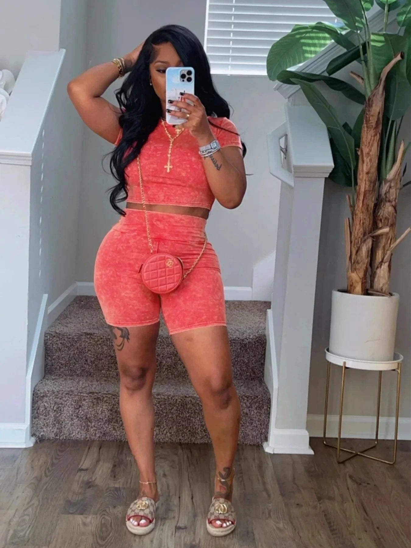 Bomblook C528ST02 Fashion Washed Workout Bodycon 2 Piece Short Set Women Summer Casual Wear Loungewear Vintage Tweed Set