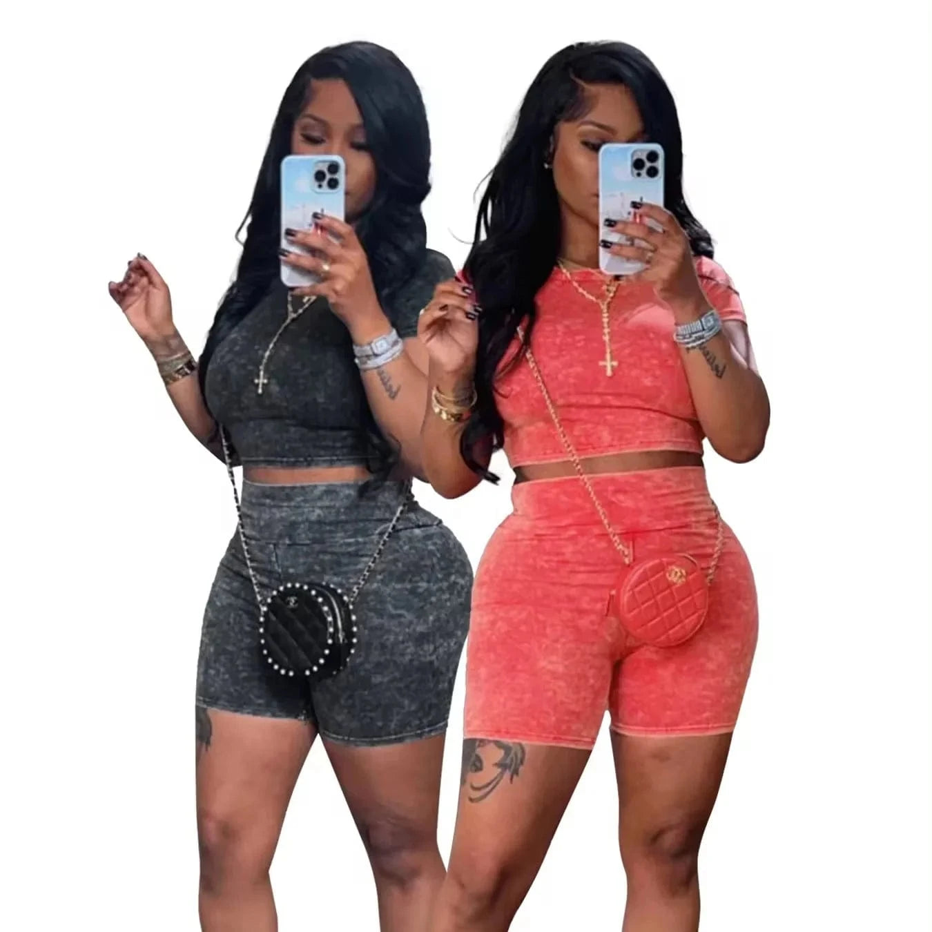 Bomblook C528ST02 Fashion Washed Workout Bodycon 2 Piece Short Set Women Summer Casual Wear Loungewear Vintage Tweed Set