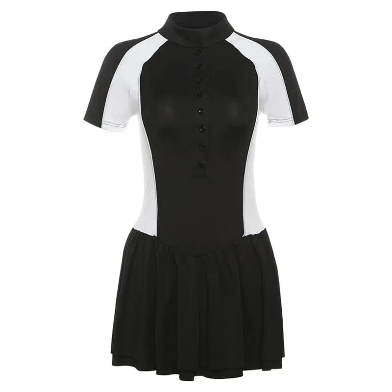 Bomblook C611DS 2024 Summer Patchwork Casual Outfits Pleated Dress For Women Mini Bodycon Stretchy Zipper Dresses 2024