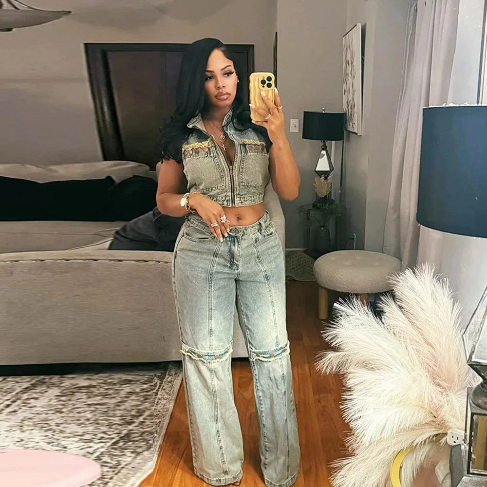 Bomblook C611PT Denim Ripped Solid Straight Streetwear Casual Denim Jeans Women's Button Women's Jeans 2024