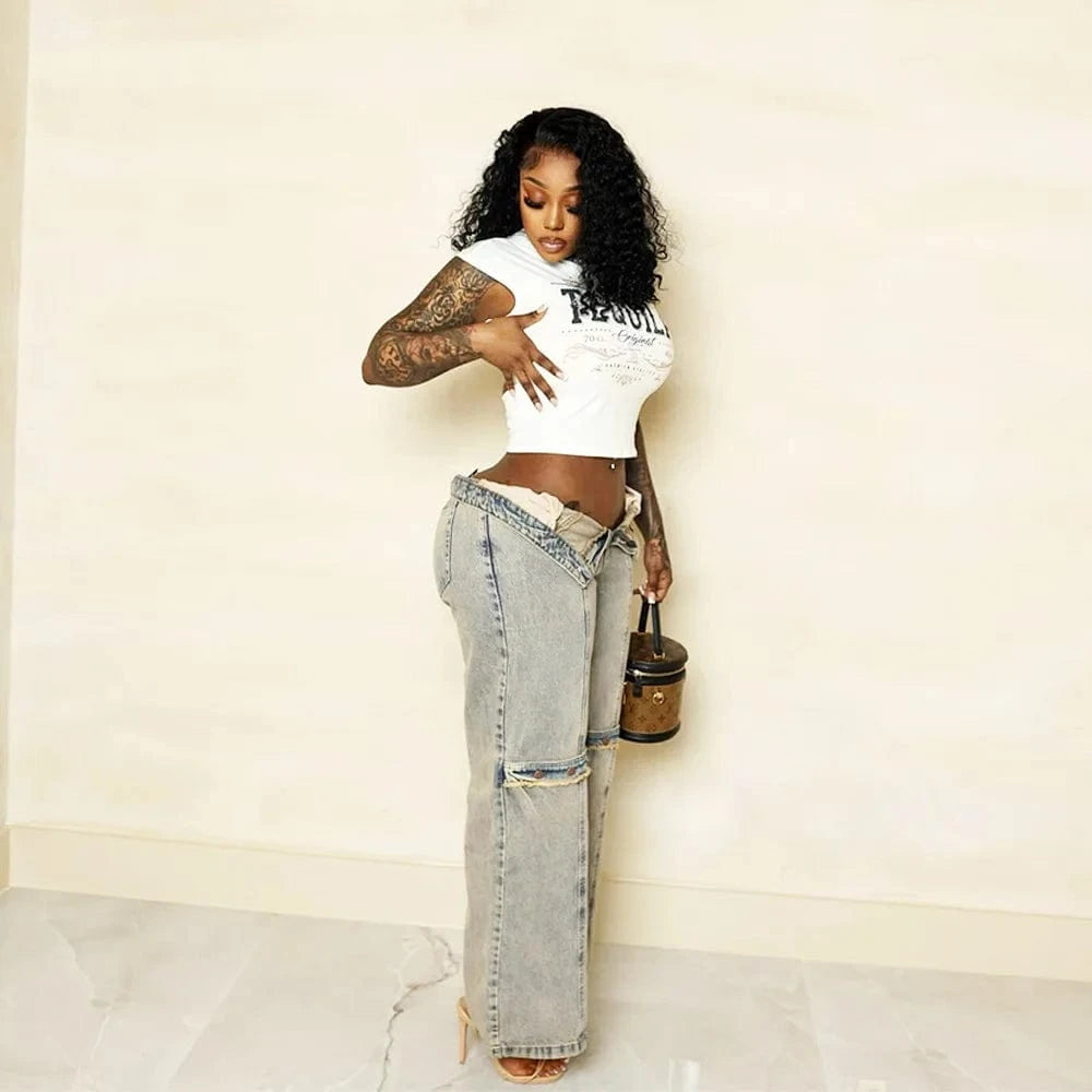 Bomblook C611PT Denim Ripped Solid Straight Streetwear Casual Denim Jeans Women's Button Women's Jeans 2024