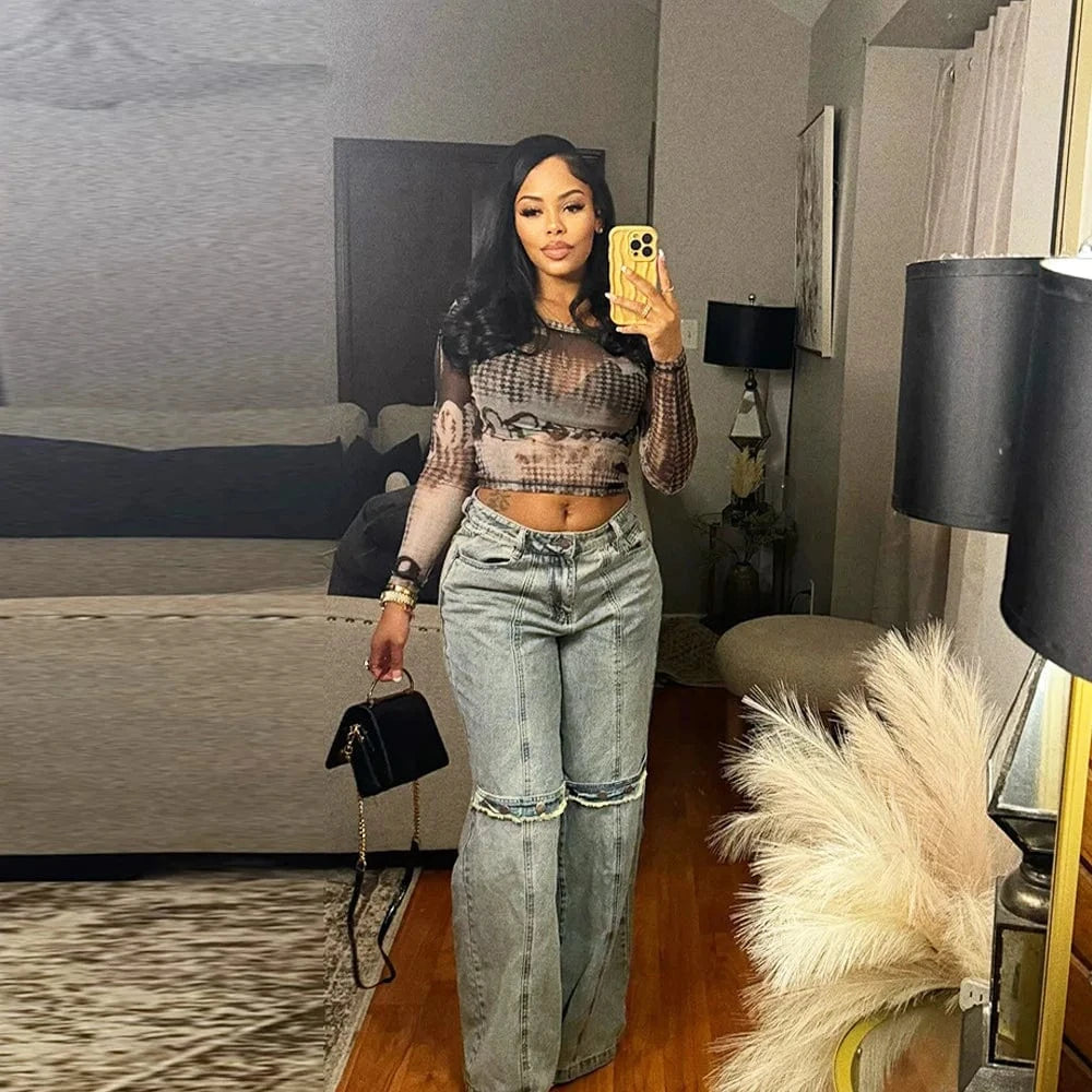 Bomblook C611PT Denim Ripped Solid Straight Streetwear Casual Denim Jeans Women's Button Women's Jeans 2024