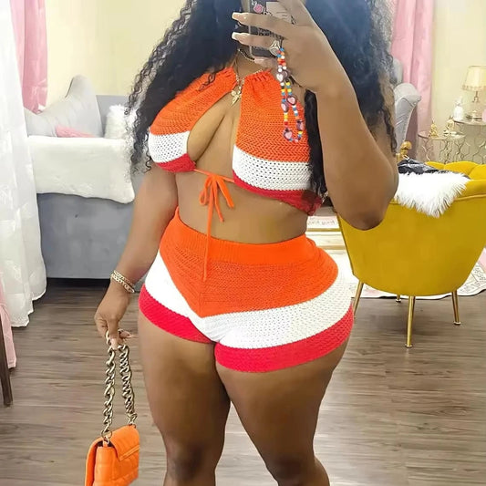 Bomblook C611ST Patchwork Women's Sets Sexy Lace Up Tank Top With Shorts Print 2 Piece Set Women Summer Streetwear