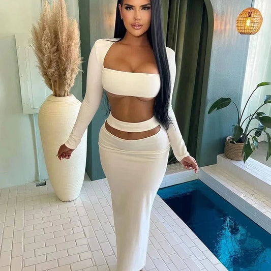 Bomblook C822ST 2024 Square Collar Crop Top Women Solid Clothing Women Midi Skirt Sets 2 Piece Skirt Set Women