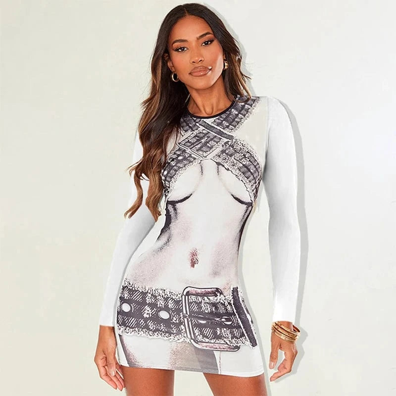 Bomblook D23DS136 2024 Fall Elegant Mini Dresses Winter Outfits Bodycon Graphin Print Dresses Women