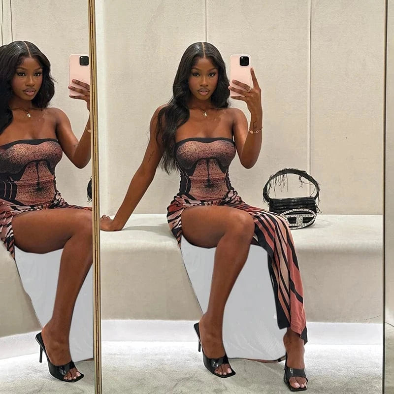 Bomblook D23DS281 2024 Elegant Slim Strapless Outfits Club Evening Dresses Graphic Print Sleeveless Women's Slit Maxi Dress