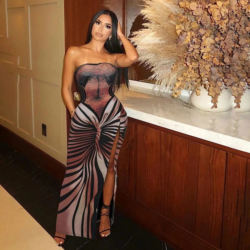 Bomblook D23DS281 2024 Elegant Slim Strapless Outfits Club Evening Dresses Graphic Print Sleeveless Women's Slit Maxi Dress