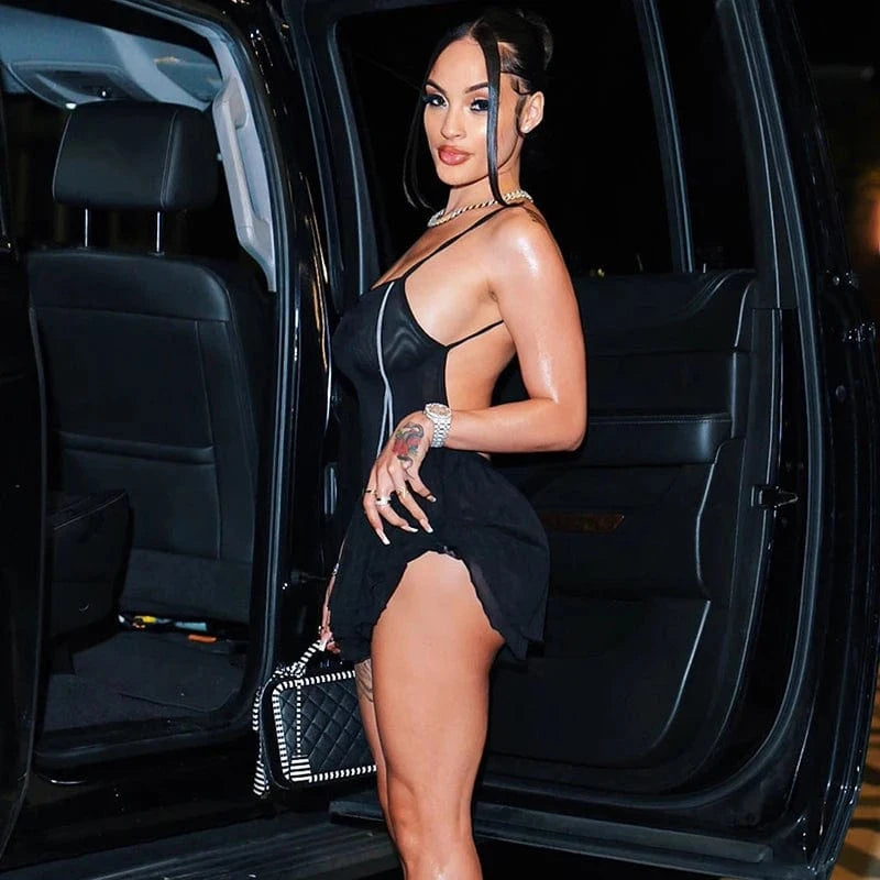 Bomblook D23DS333 Mini Patchwork Sexy Dress Bodycon Womens Outfits Backless Mesh Dresses 2024 Spring Mini Cami Dress