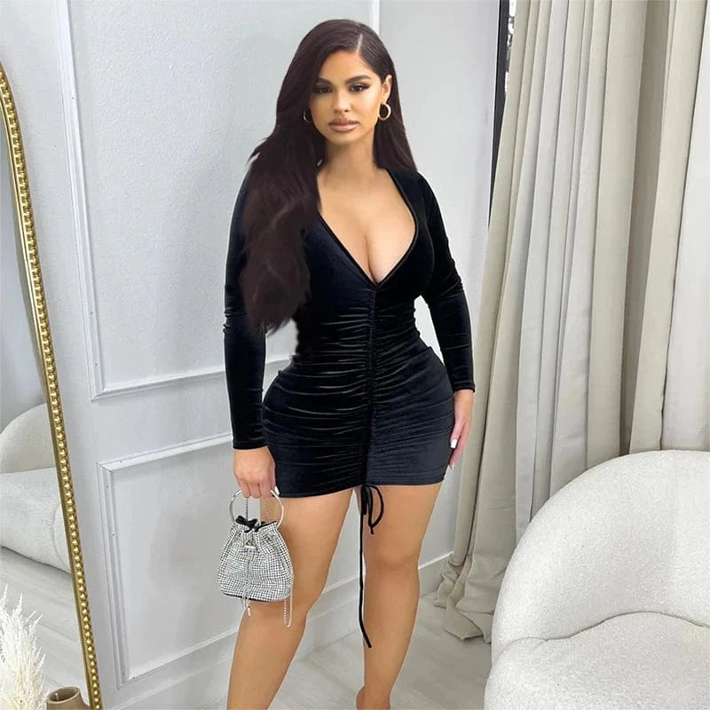 Bomblook D23DS361 New Arrivals 2024 Spring Velvet Deep V Neck Outfits Party Dresses Ruched Women Sexy Lady Elegant Dress