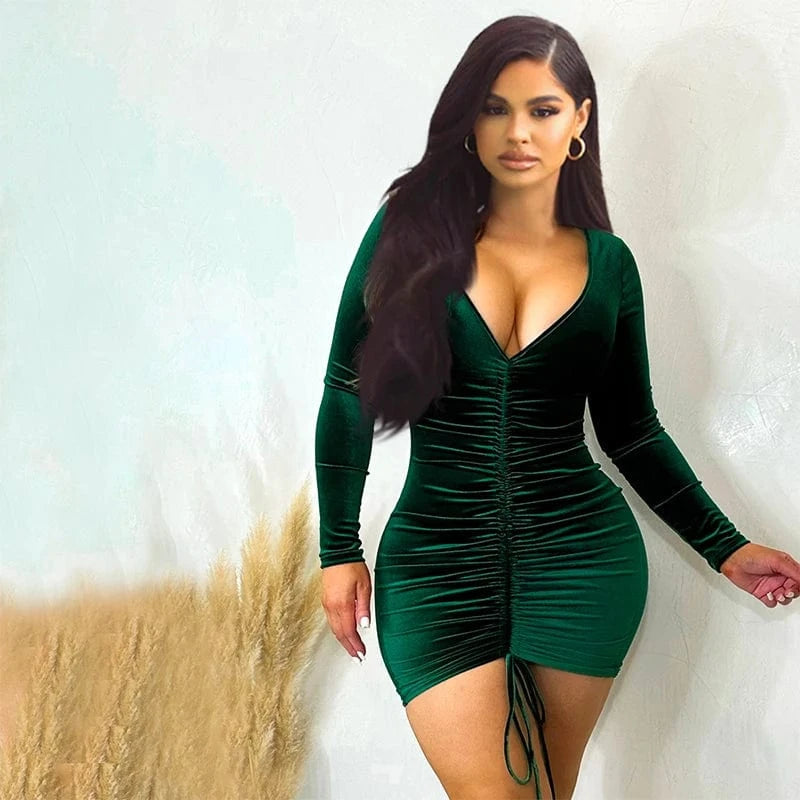 Bomblook D23DS361 New Arrivals 2024 Spring Velvet Deep V Neck Outfits Party Dresses Ruched Women Sexy Lady Elegant Dress