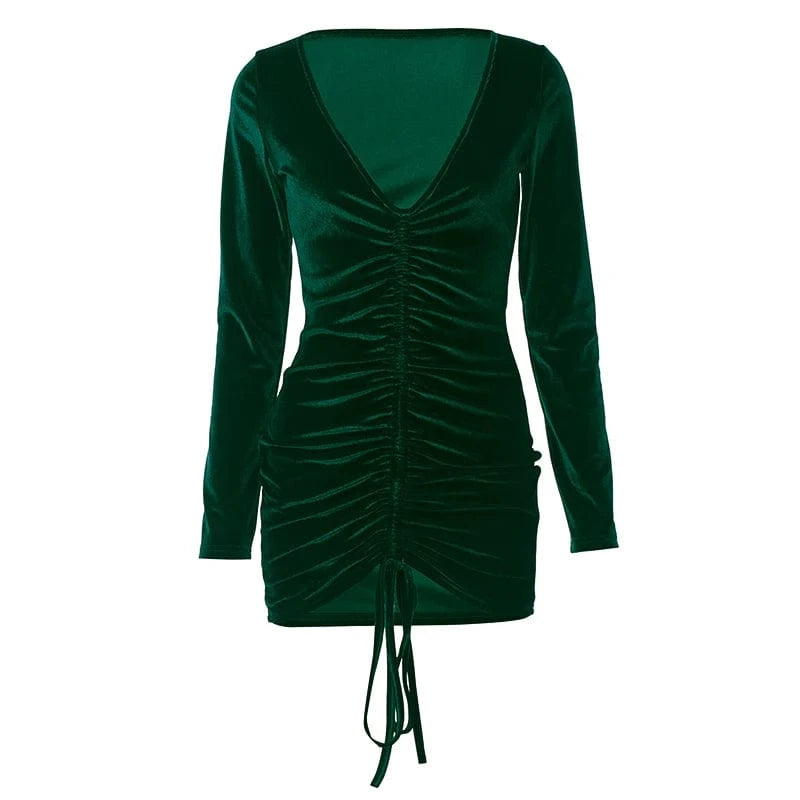 Bomblook D23DS361 New Arrivals 2024 Spring Velvet Deep V Neck Outfits Party Dresses Ruched Women Sexy Lady Elegant Dress