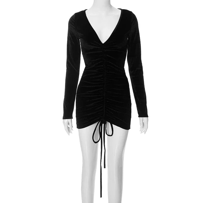 Bomblook D23DS361 New Arrivals 2024 Spring Velvet Deep V Neck Outfits Party Dresses Ruched Women Sexy Lady Elegant Dress