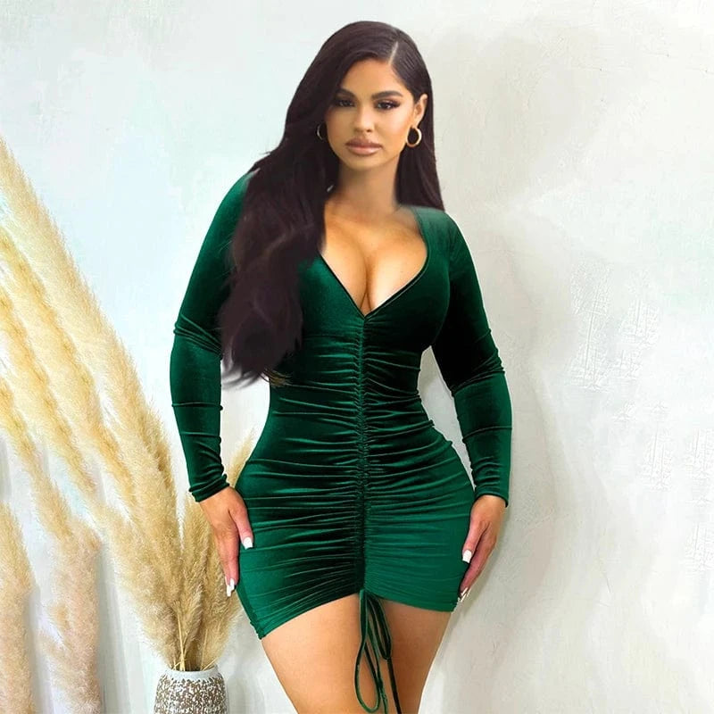 Bomblook D23DS361 New Arrivals 2024 Spring Velvet Deep V Neck Outfits Party Dresses Ruched Women Sexy Lady Elegant Dress