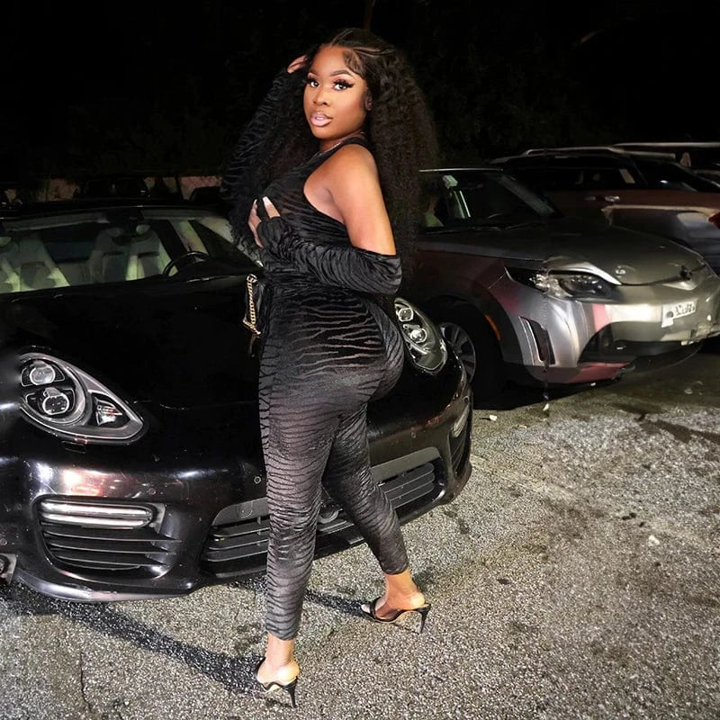 Bomblook D23JP196 Flocked Patchwork Off Shoulder Women Jumpsuit Women Deep V Neck Jumpsuit 2024