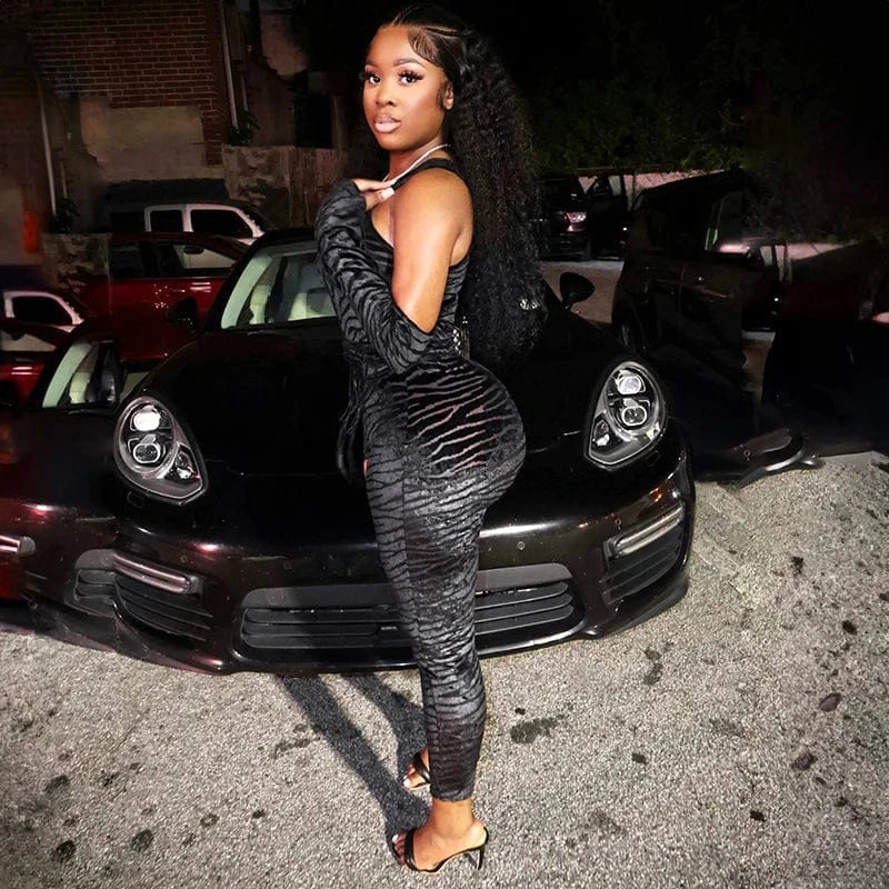 Bomblook D23JP196 Flocked Patchwork Off Shoulder Women Jumpsuit Women Deep V Neck Jumpsuit 2024