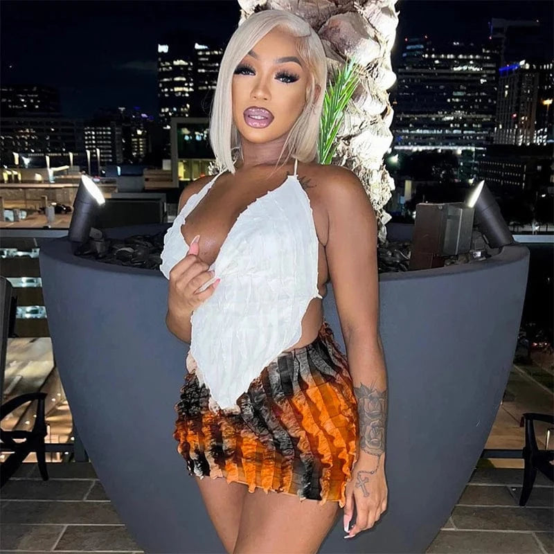 Bomblook D23ST254 2024 Halter Tank Top With Color Blocking Mini Skirt Two Piece Set Women Sexy Streetwear Outfits