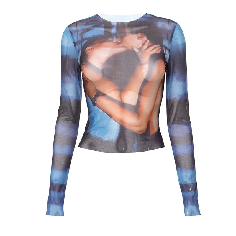 Bomblook D23TP372 2024 Spring Mesh O Neck Kiss Pattern Tees Y2K Printed Crop Top Women Streetwear Ladies Casual Vintage Top