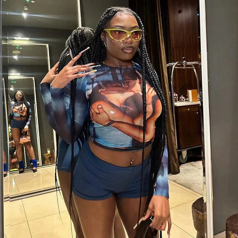 Bomblook D23TP372 2024 Spring Mesh O Neck Kiss Pattern Tees Y2K Printed Crop Top Women Streetwear Ladies Casual Vintage Top