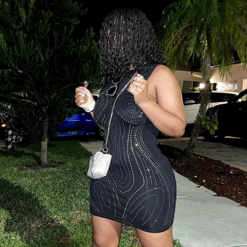 Bomblook D24DS106 Sleeveless Women's Dresses New Outfits Ladies Women's Casual Rhinestone Dresses Sexy Mini Party Dress 2024