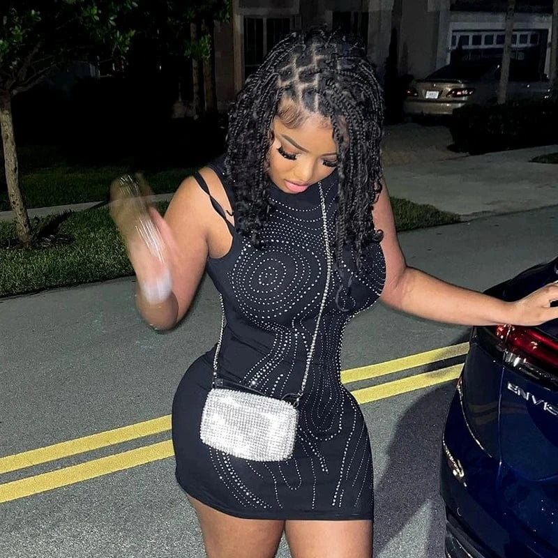 Bomblook D24DS106 Sleeveless Women's Dresses New Outfits Ladies Women's Casual Rhinestone Dresses Sexy Mini Party Dress 2024