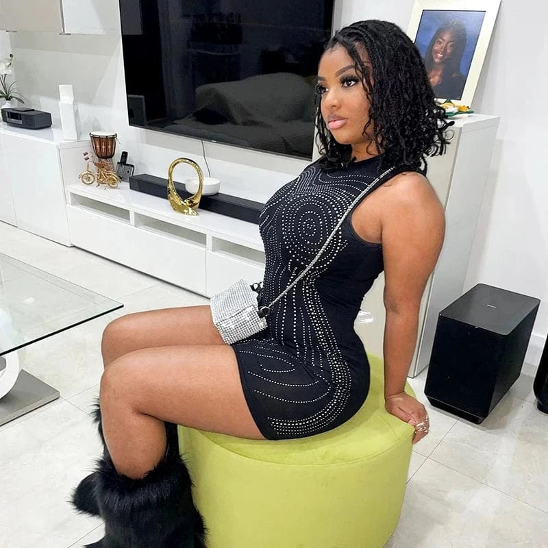 Bomblook D24DS106 Sleeveless Women's Dresses New Outfits Ladies Women's Casual Rhinestone Dresses Sexy Mini Party Dress 2024