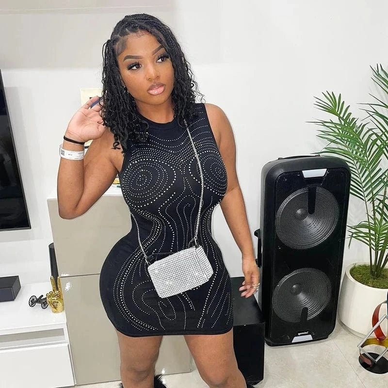 Bomblook D24DS106 Sleeveless Women's Dresses New Outfits Ladies Women's Casual Rhinestone Dresses Sexy Mini Party Dress 2024