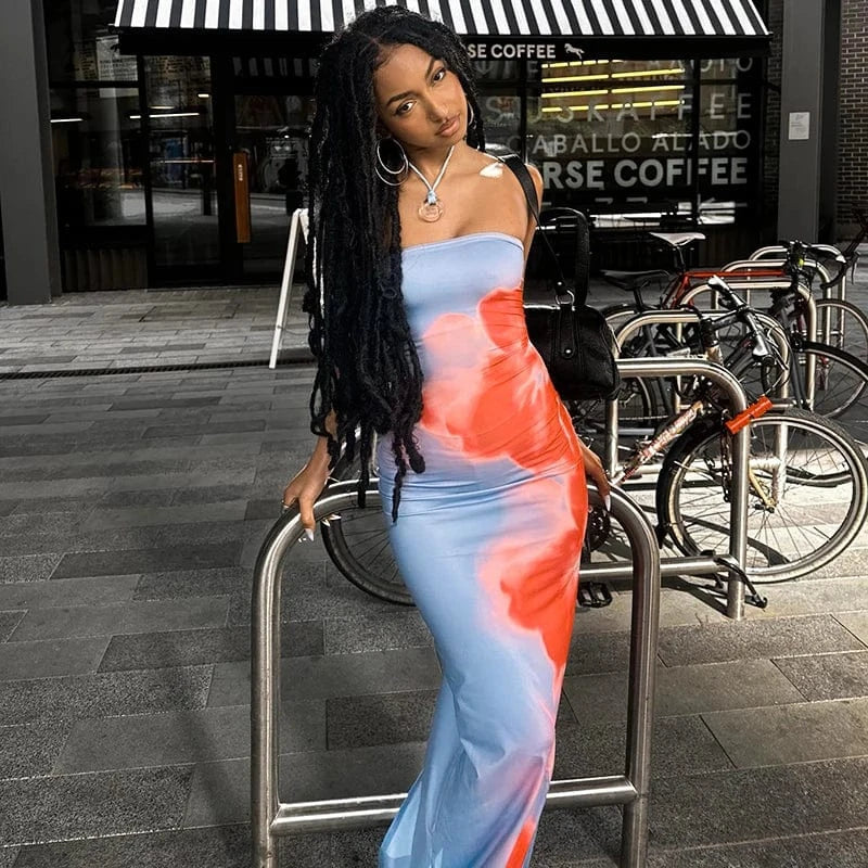 Bomblook D24DS121 New Arrivals Club Outfits Dropshipping Elegant Strapless Maxi Dress Party Floral Print Dresses Women 2024