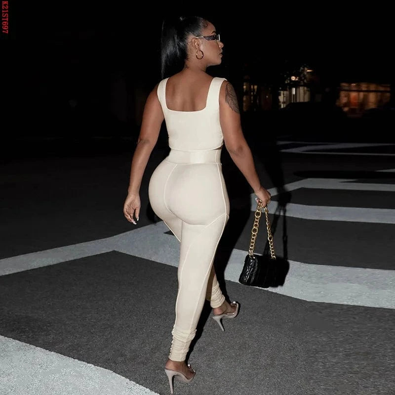 Bomblook K21ST697 Sportswear Women Outfit Solid Color Sleeveless Crop Top Elastic Waist Yoga Wear Women Two Piece Set