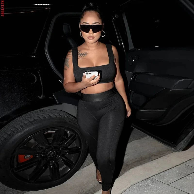 Bomblook K21ST697 Sportswear Women Outfit Solid Color Sleeveless Crop Top Elastic Waist Yoga Wear Women Two Piece Set