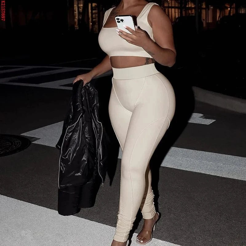 Bomblook K21ST697 Sportswear Women Outfit Solid Color Sleeveless Crop Top Elastic Waist Yoga Wear Women Two Piece Set