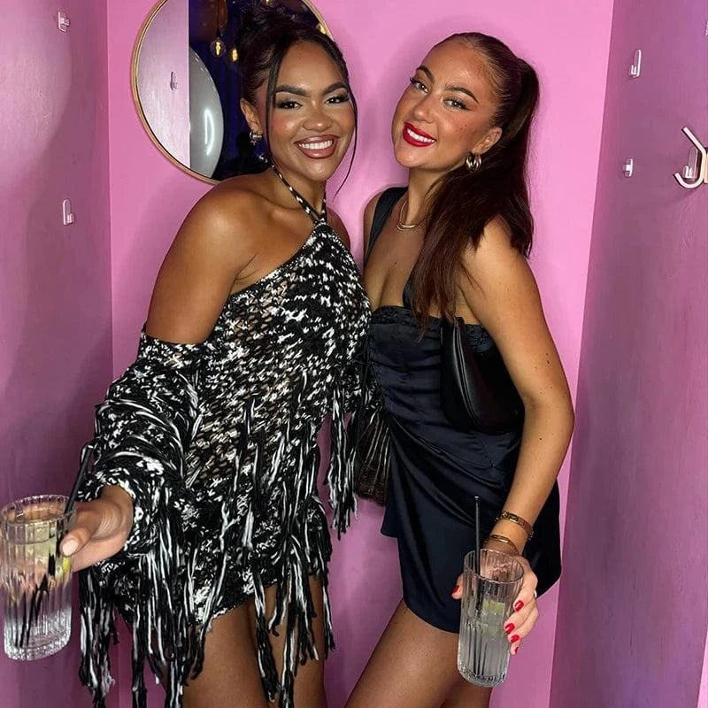 Bomblook K23DS590 2024 Spring Slim New Design Dress Club Halter Dress With Cardigan Mini  Real Knit Patchwork Dress With Tassels