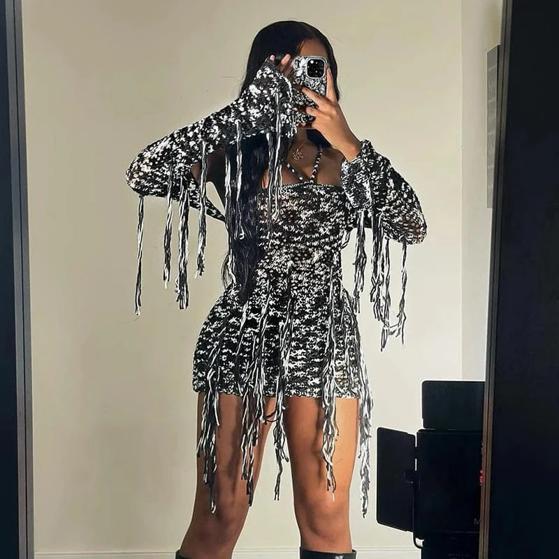 Bomblook K23DS590 2024 Spring Slim New Design Dress Club Halter Dress With Cardigan Mini  Real Knit Patchwork Dress With Tassels