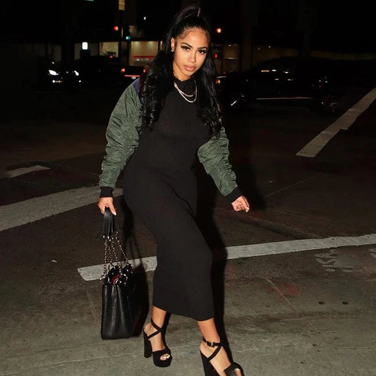 Bomblook K23DS600 2024 Spring Ruched Woven Sleeves Slim Dresses Streetwear Dress Midi Rib Knit New Patchwork Dress