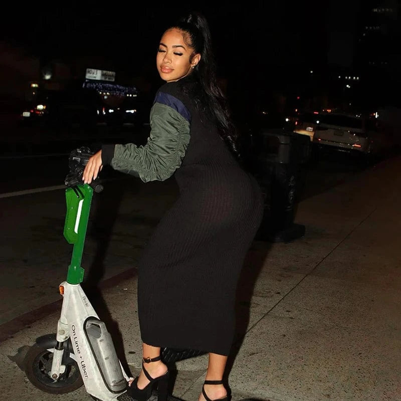 Bomblook K23DS600 2024 Spring Ruched Woven Sleeves Slim Dresses Streetwear Dress Midi Rib Knit New Patchwork Dress