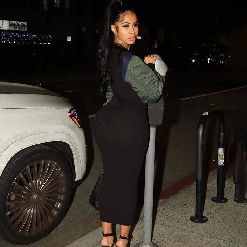 Bomblook K23DS600 2024 Spring Ruched Woven Sleeves Slim Dresses Streetwear Dress Midi Rib Knit New Patchwork Dress