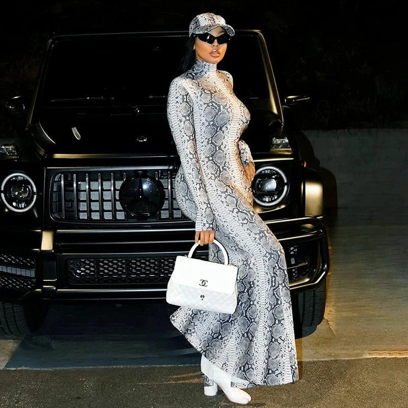 Bomblook K23DS617 2024 Spring Unique Print Outfits Dress For Women New Fashion Bodycon Snake Print Maxi Dress With New Dresses