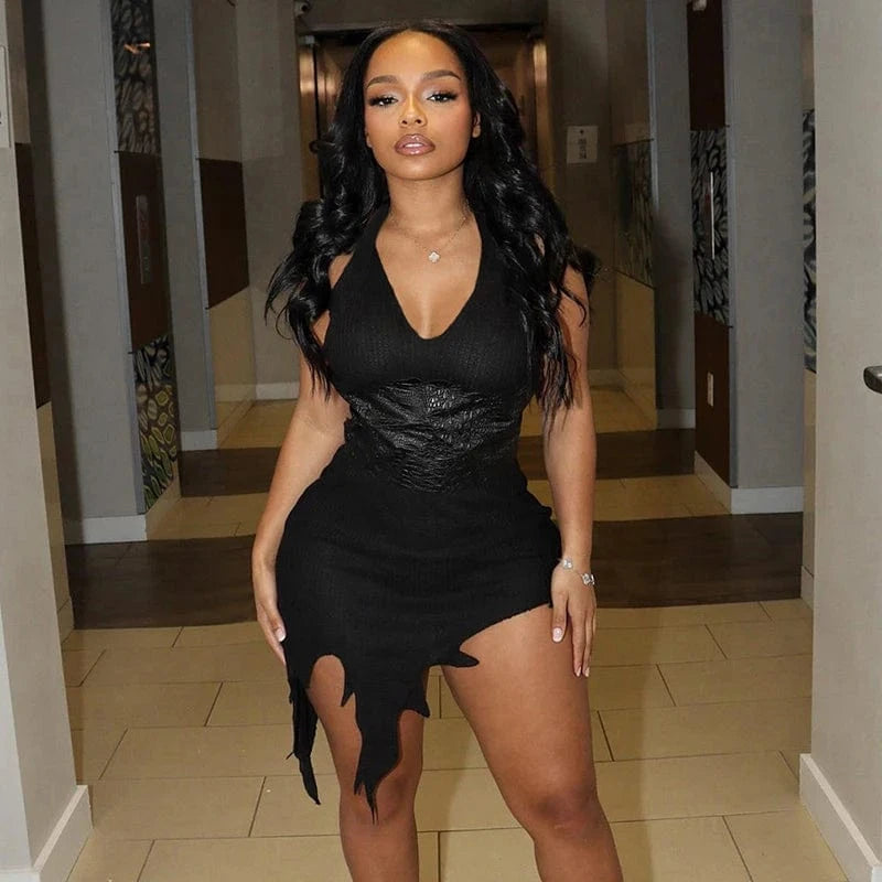 Bomblook K23DS635 2024 Spring Sexy Outfits Halter Dress For Women PU Leather Mini Bodycon Dress Irregular Dresses