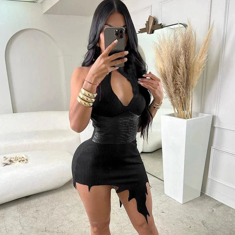 Bomblook K23DS635 2024 Spring Sexy Outfits Halter Dress For Women PU Leather Mini Bodycon Dress Irregular Dresses